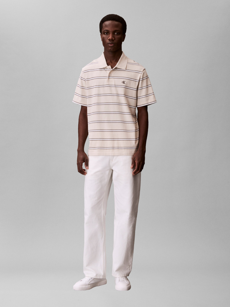 Beige Short Sleeve Easy 16S Jersey Stripe Polo Shirt  Men