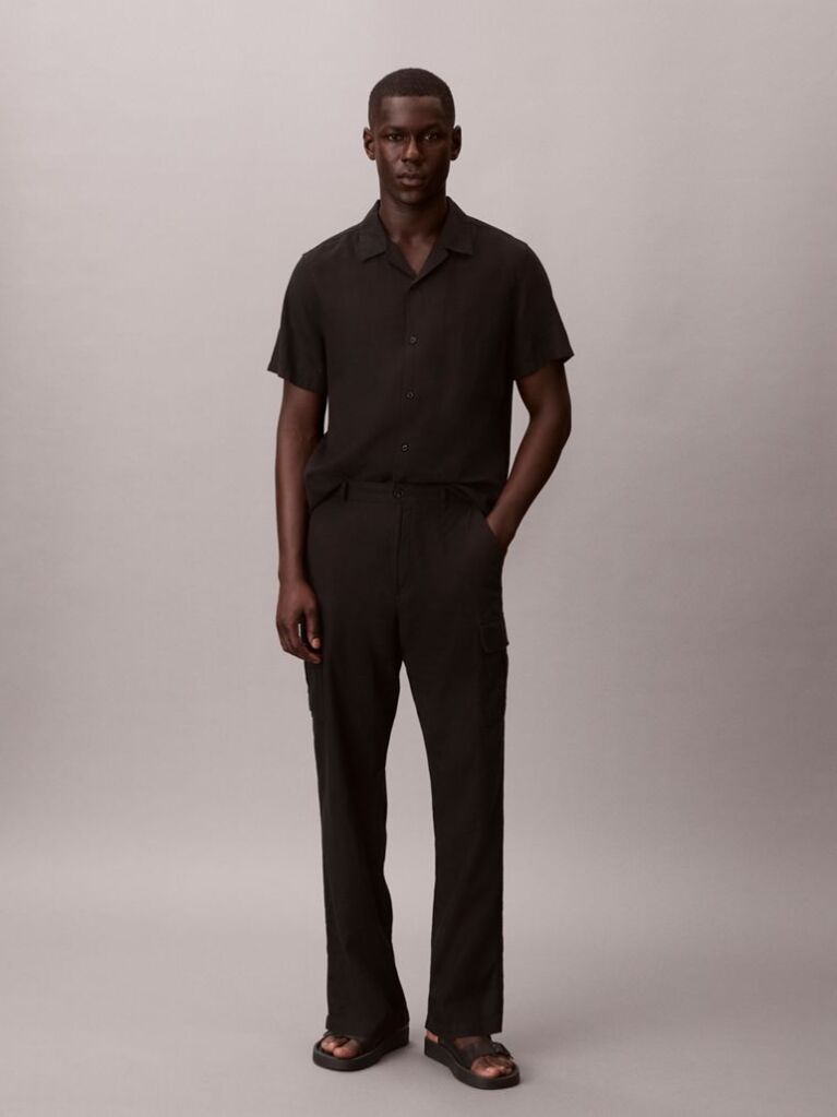 Black Relaxed Straight Linen Blend Cargo Pants  Men