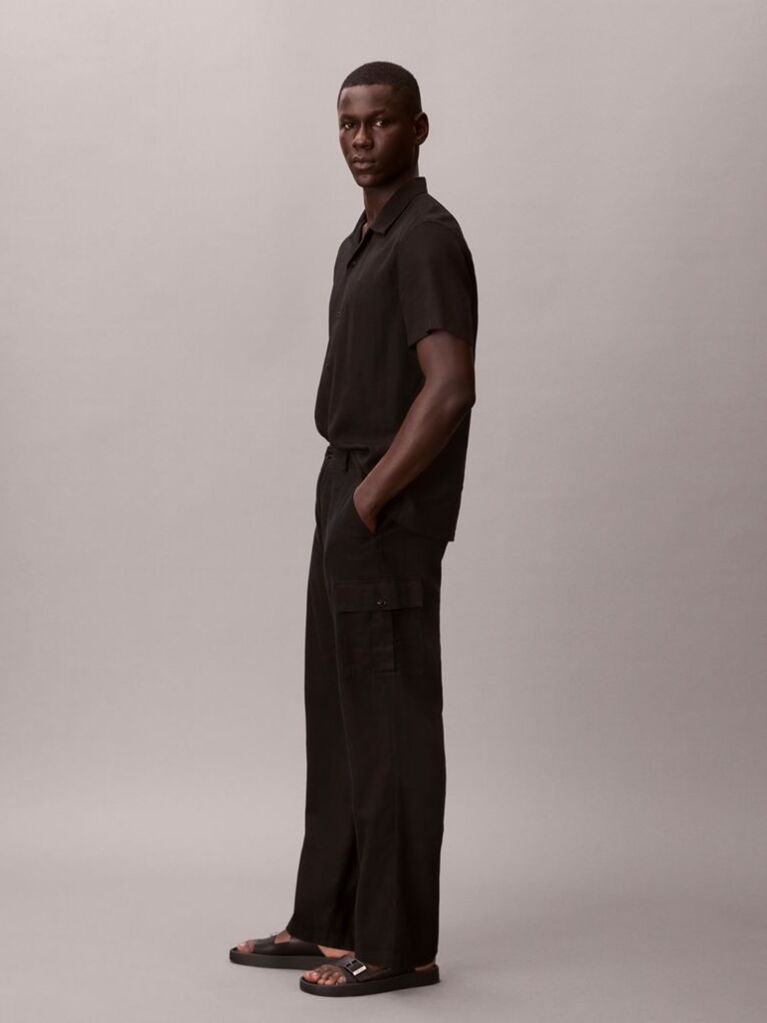 Black Relaxed Straight Linen Blend Cargo Pants  Men