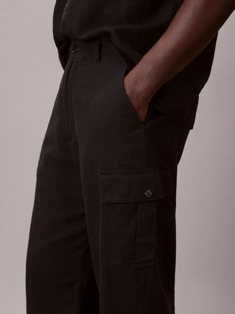 Black Relaxed Straight Linen Blend Cargo Pants  Men