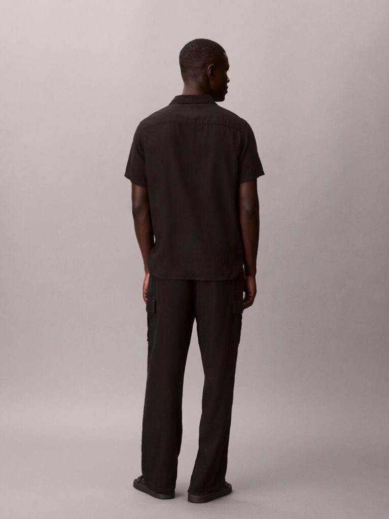 Black Relaxed Straight Linen Blend Cargo Pants  Men