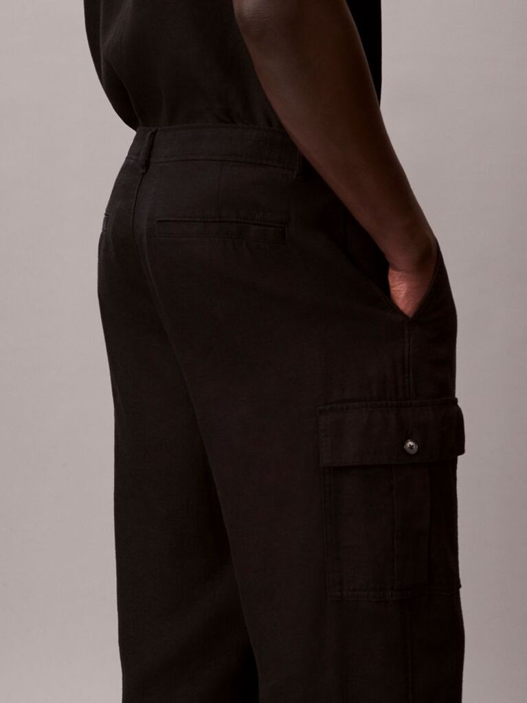 Black Relaxed Straight Linen Blend Cargo Pants  Men