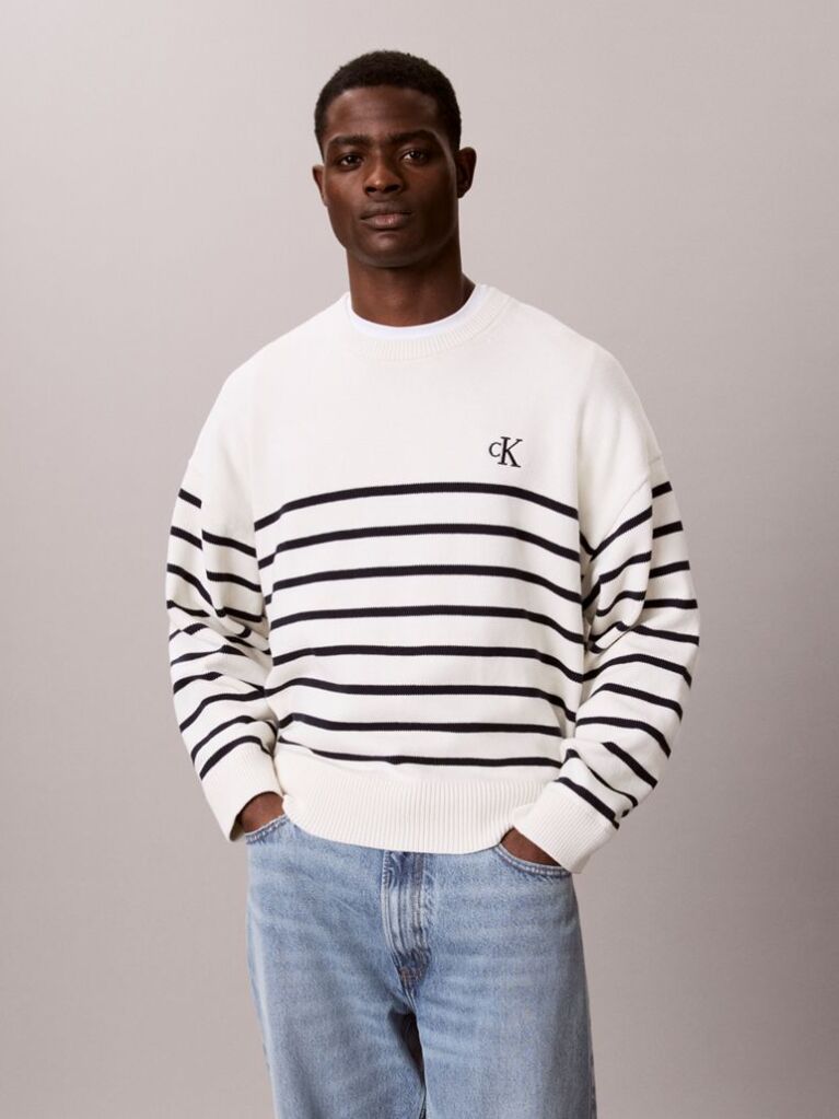 White Relaxed Cotton Stripe Jumper  Men
