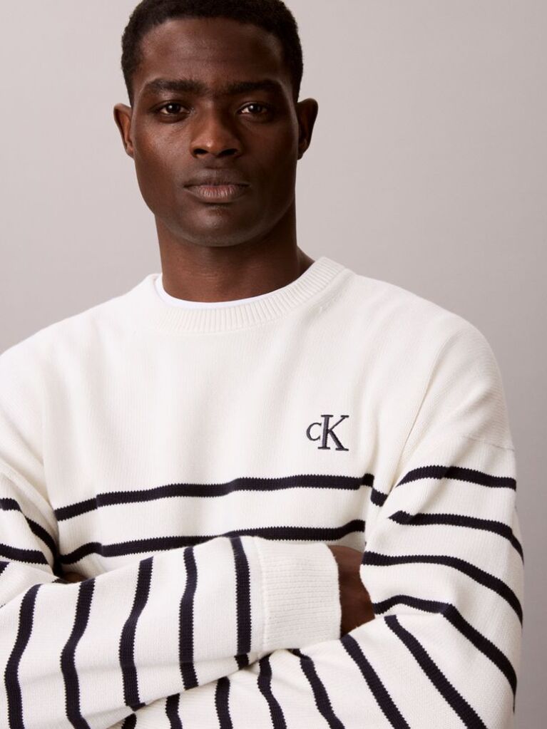 White Relaxed Cotton Stripe Jumper  Men