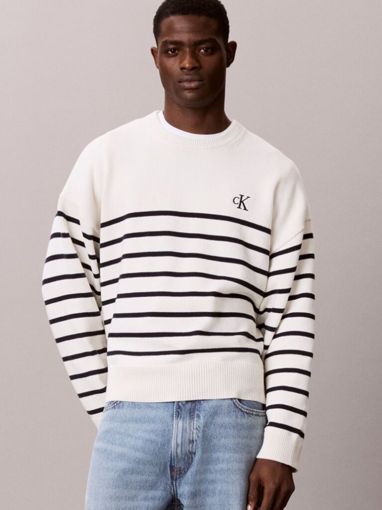 White Relaxed Cotton Stripe Jumper  Men