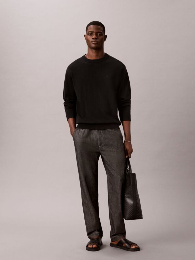 Black Cotton Chambray Drawstring Trousers  Men