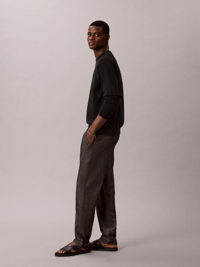 Black Cotton Chambray Drawstring Trousers  Men