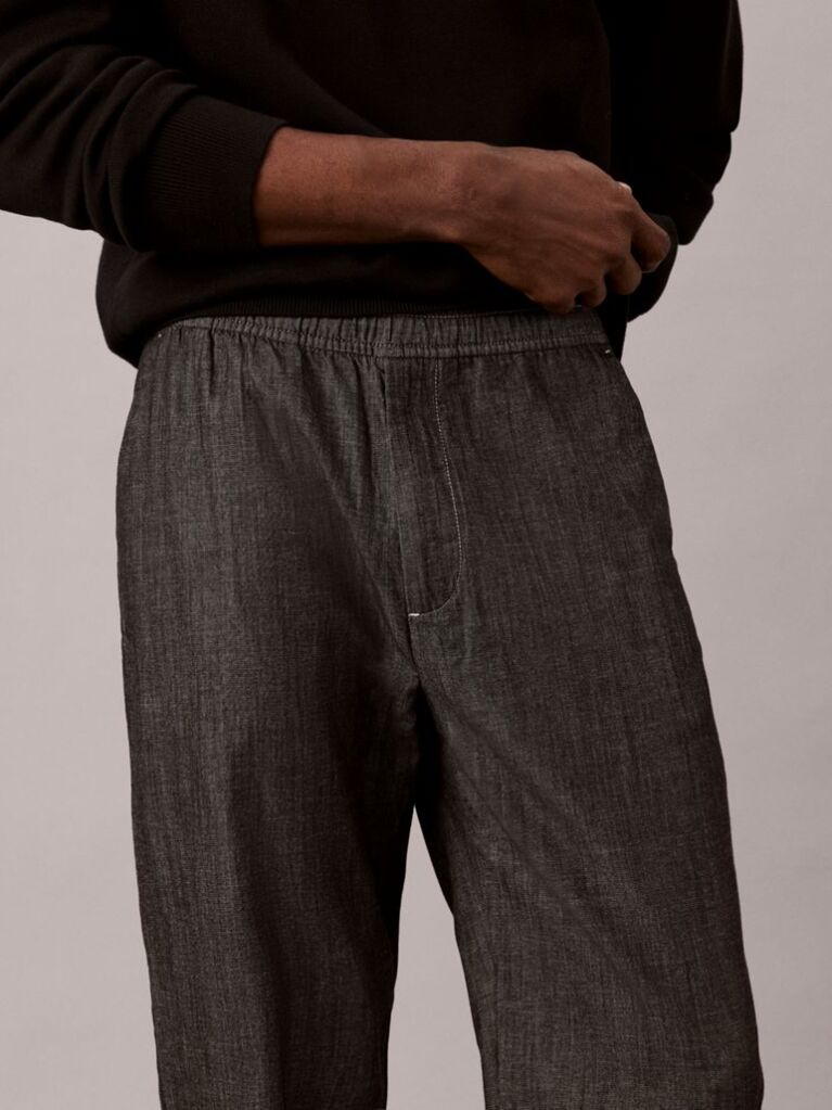 Black Cotton Chambray Drawstring Trousers  Men