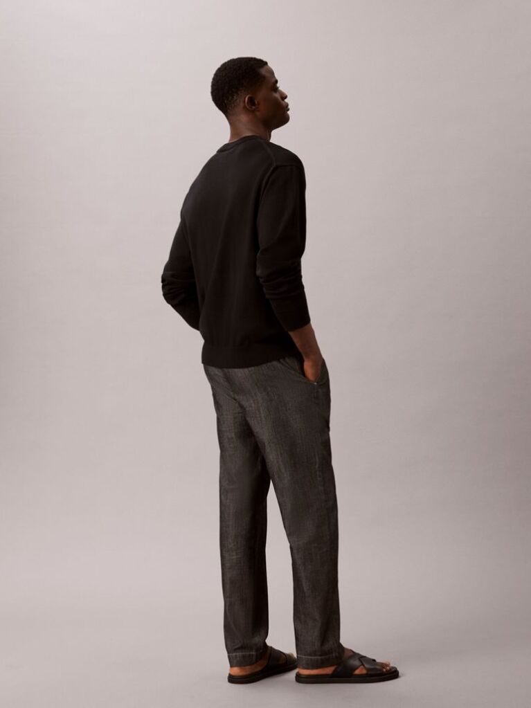 Black Cotton Chambray Drawstring Trousers  Men