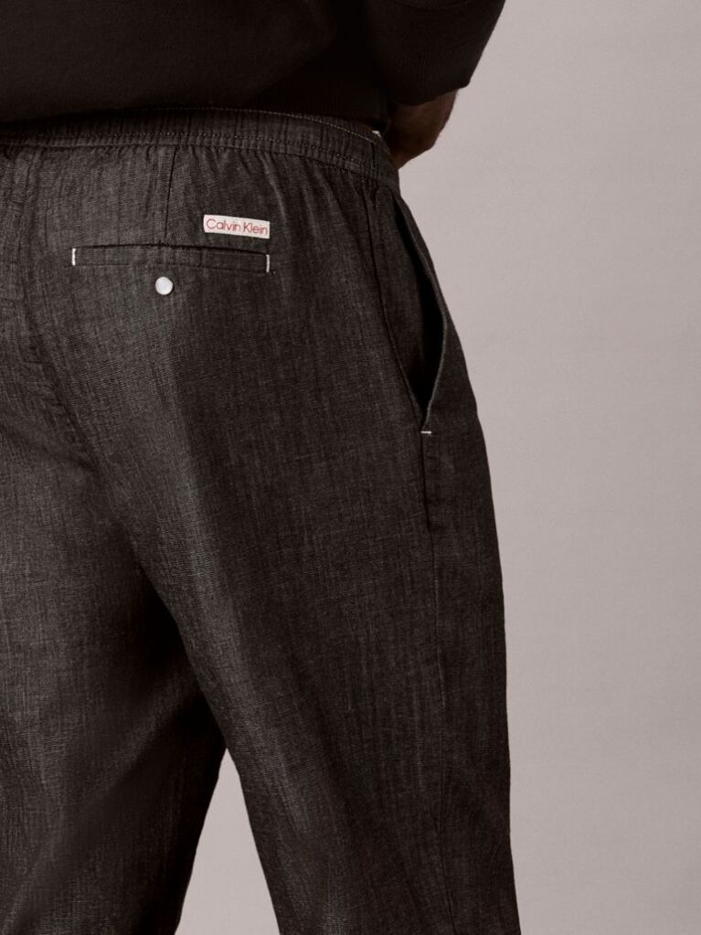 Black Cotton Chambray Drawstring Trousers  Men