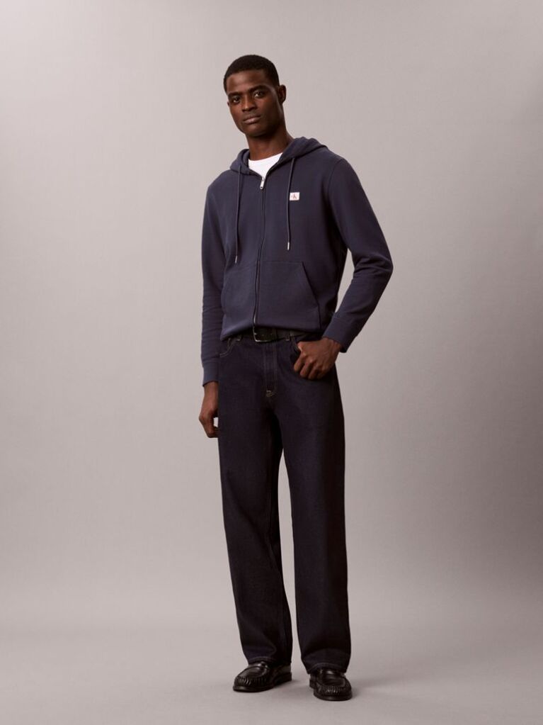 Blue Sueded Terry Zip-Thru Drawstring Hoodie  Men