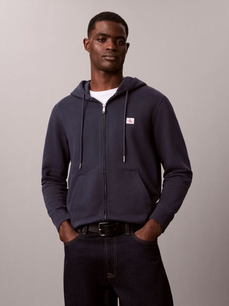 Blue Sueded Terry Zip-Thru Drawstring Hoodie  Men
