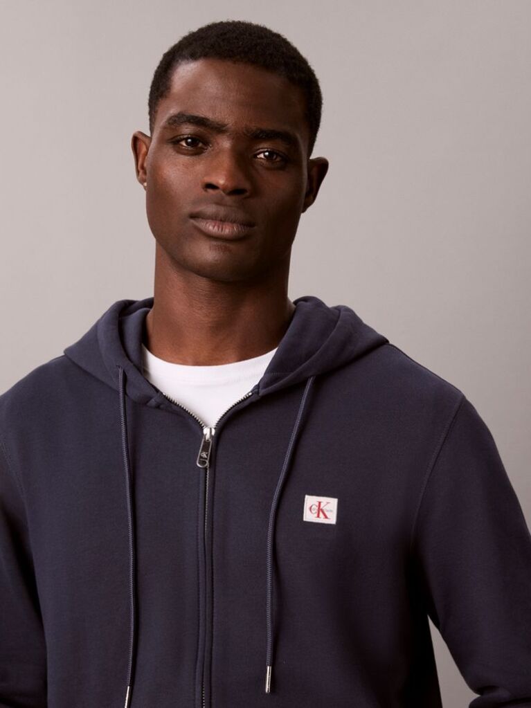 Blue Sueded Terry Zip-Thru Drawstring Hoodie  Men