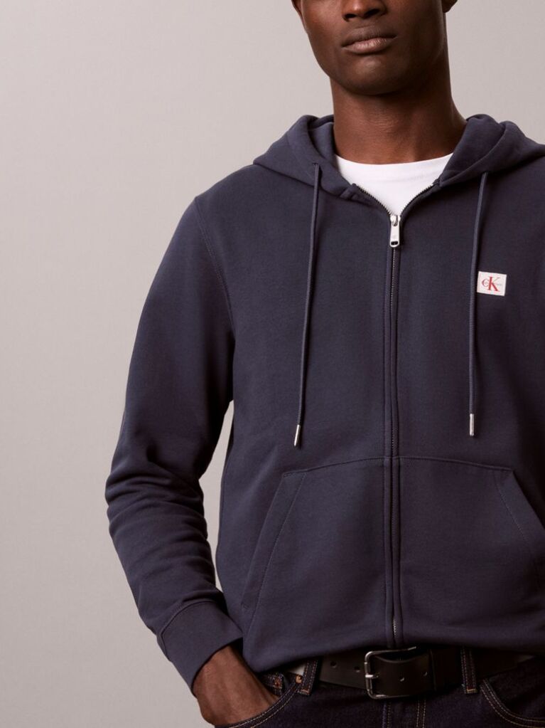Blue Sueded Terry Zip-Thru Drawstring Hoodie  Men