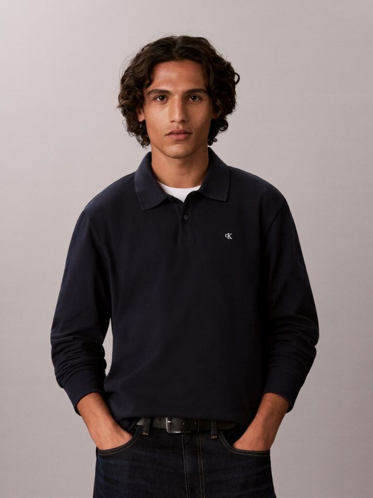 Blue Long Sleeve Monogram Polo Shirt  Men