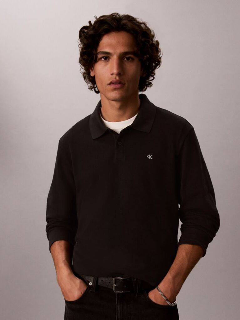 Black Long Sleeve Monogram Polo Shirt  Men