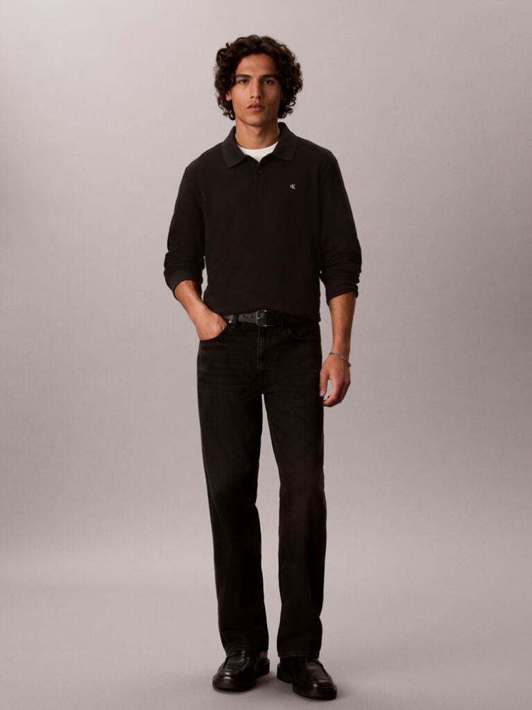 Black Long Sleeve Monogram Polo Shirt  Men