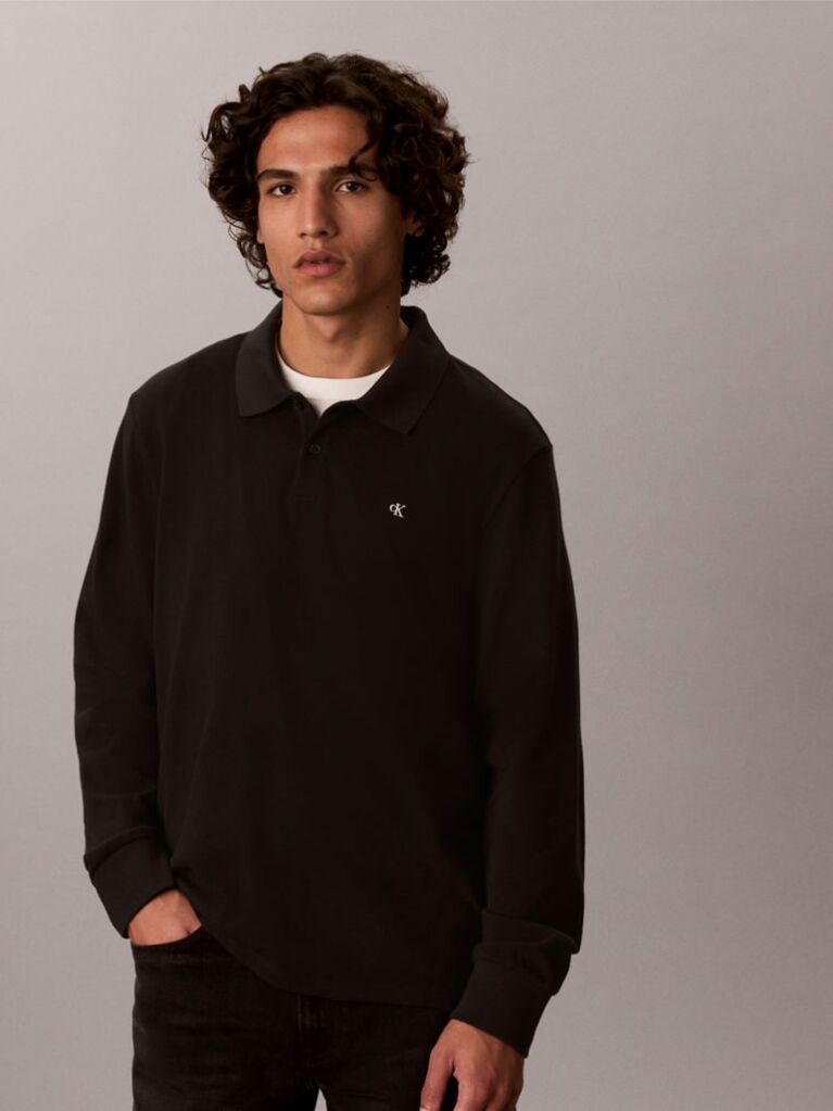 Black Long Sleeve Monogram Polo Shirt  Men