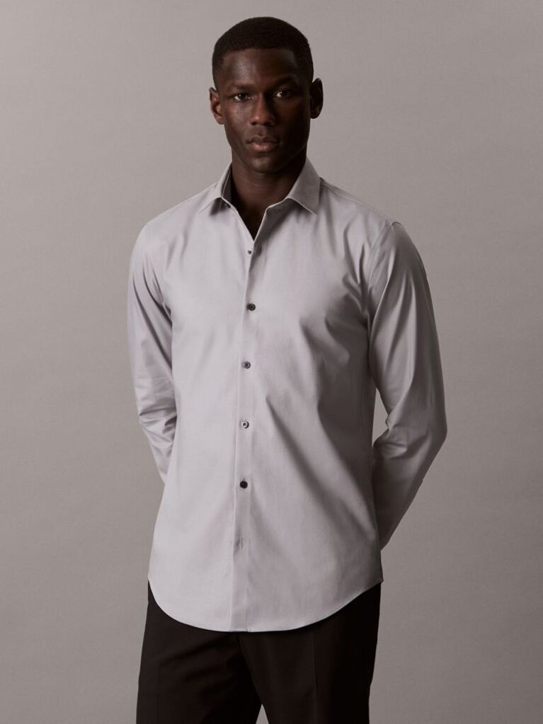 Γκρι Πουκάμισο Με Slim Γραμμή Από Ελαστικό Twill  Άνδρας