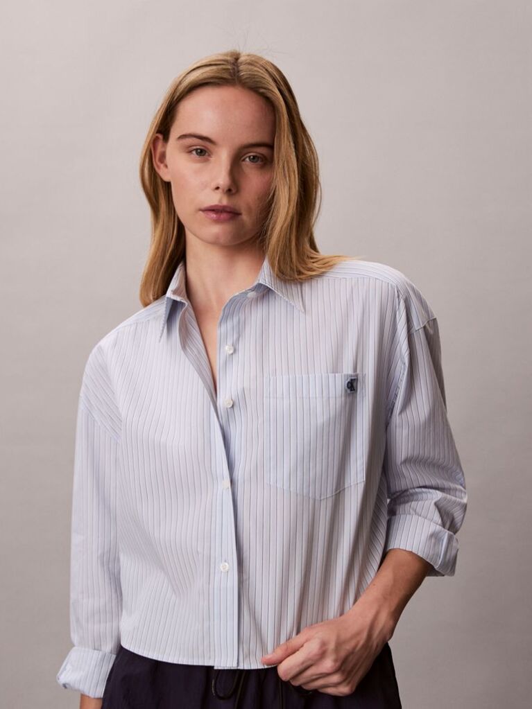 Blue Cropped Cotton Poplin Stripe Shirt  Women