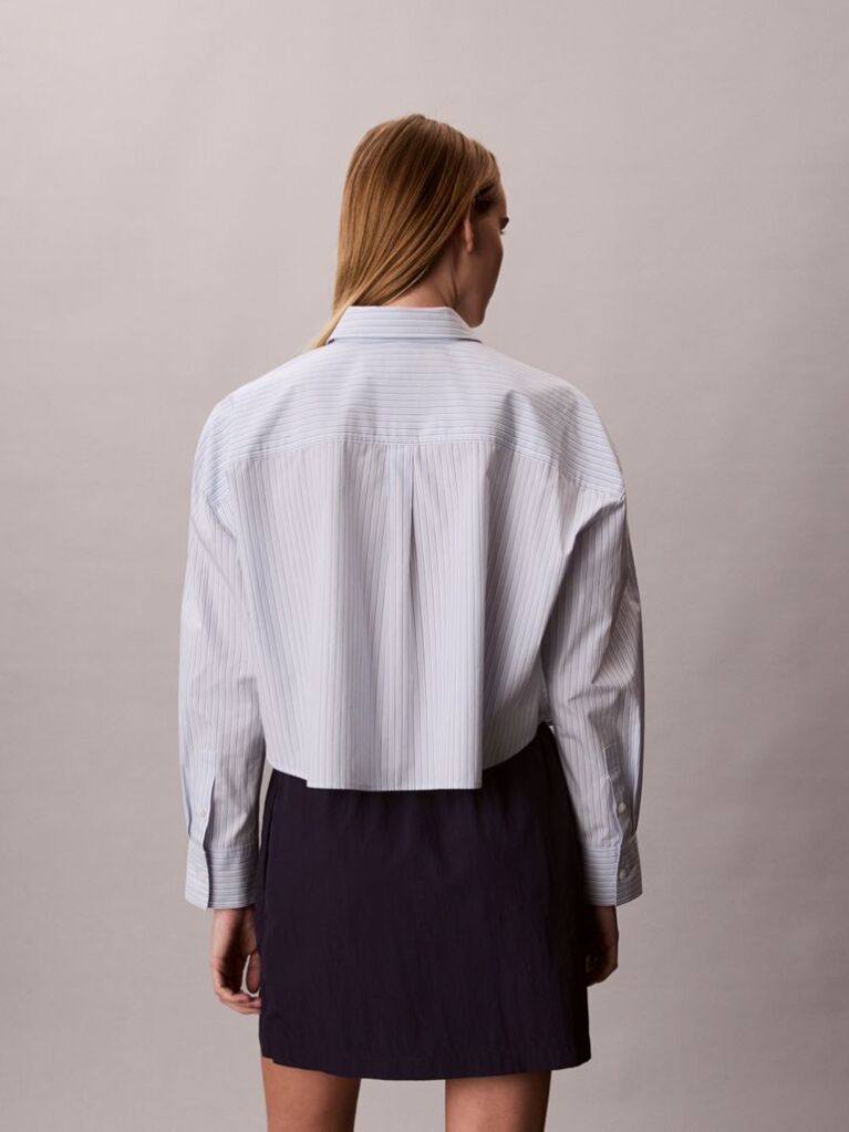 Blue Cropped Cotton Poplin Stripe Shirt  Women