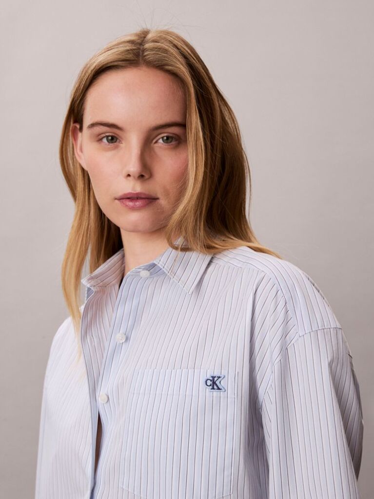 Blue Cropped Cotton Poplin Stripe Shirt  Women