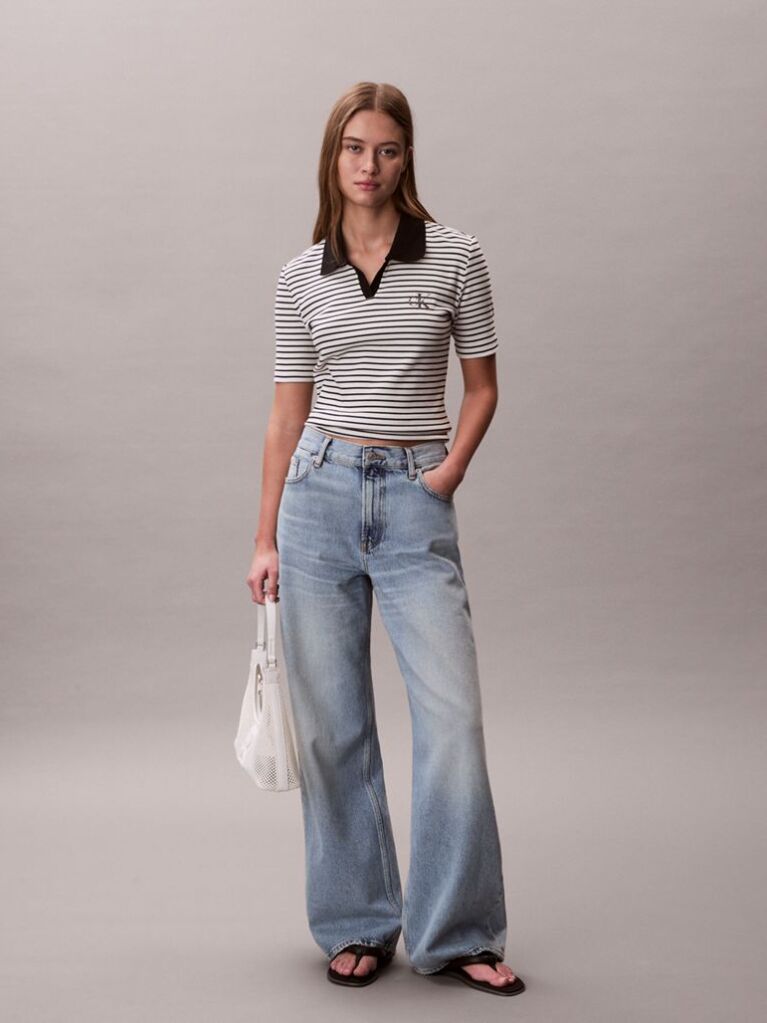Black Slim Ribbed Stripe Polo Shirt  Women