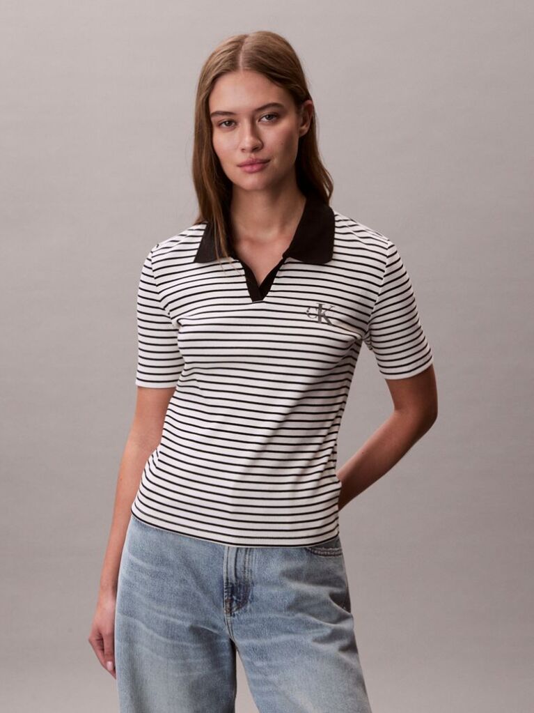 Black Slim Ribbed Stripe Polo Shirt  Women