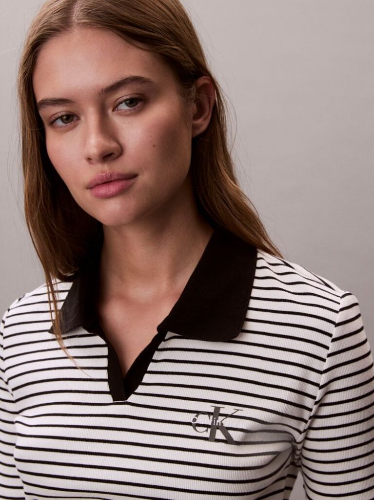 Black Slim Ribbed Stripe Polo Shirt  Women