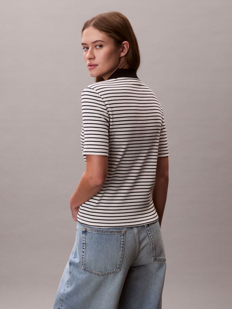 Black Slim Ribbed Stripe Polo Shirt  Women