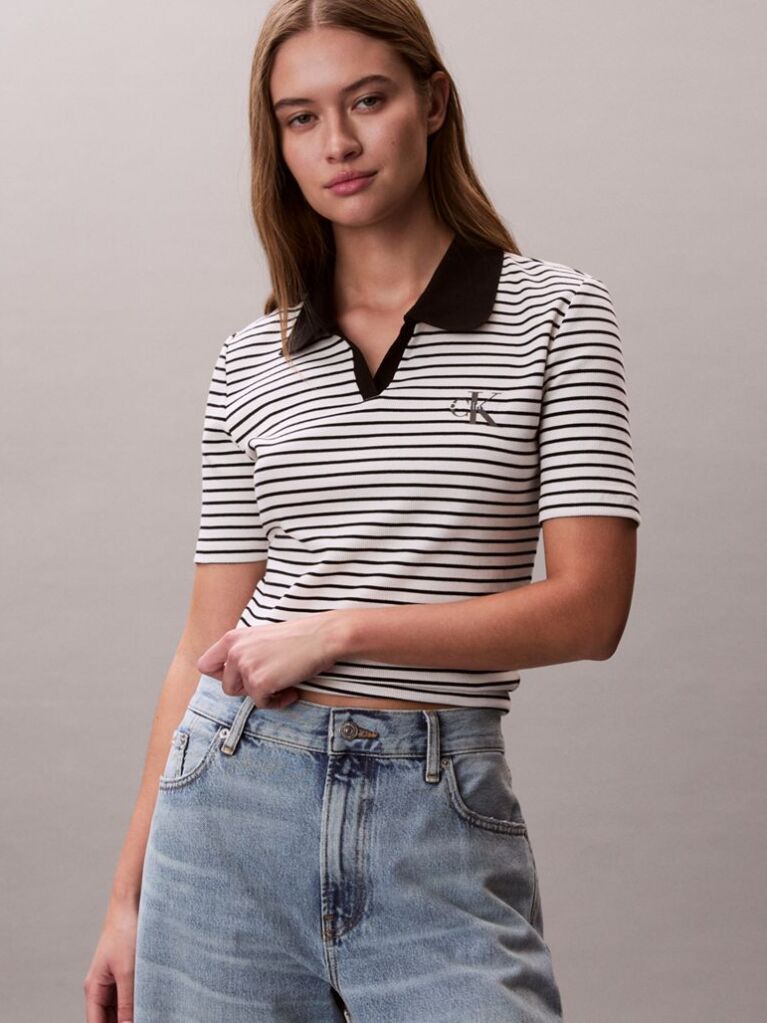 Black Slim Ribbed Stripe Polo Shirt  Women