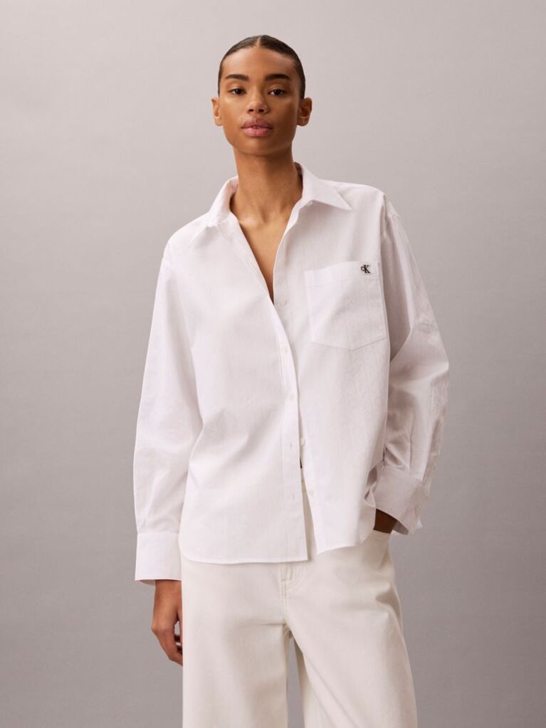 White Emblem Jacquard Relaxed Poplin Shirt  Women