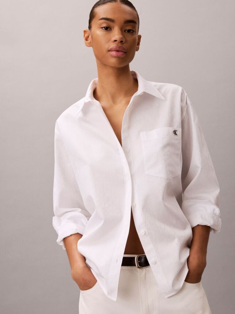 White Emblem Jacquard Relaxed Poplin Shirt  Women