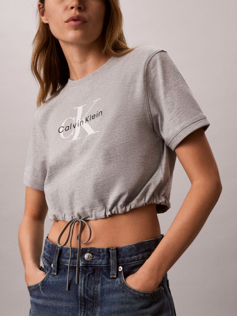 Grey Cropped Drawstring Hem T-Shirt  Women