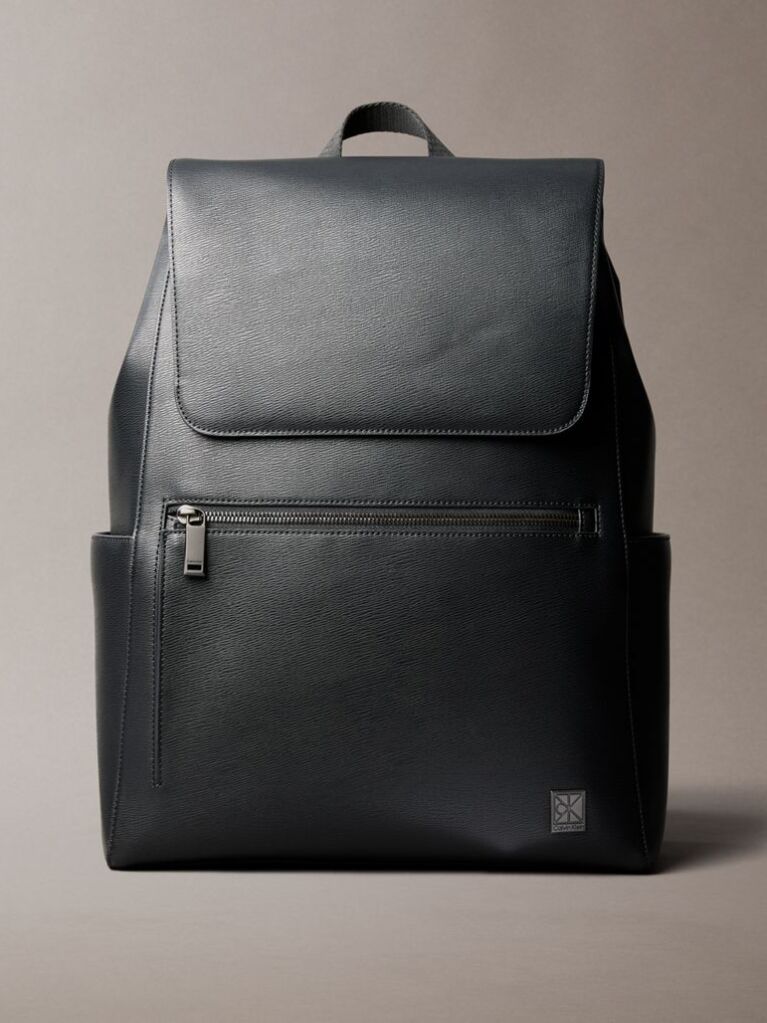 Black Emblem Hardware Flap Closure Backpack  Men