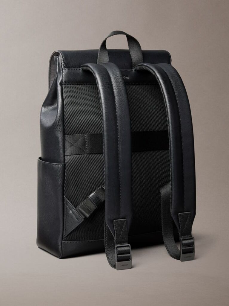 Black Emblem Hardware Flap Closure Backpack  Men