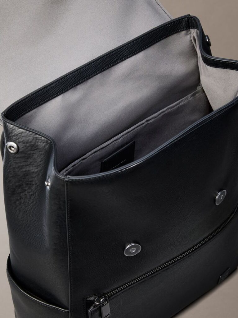 Black Emblem Hardware Flap Closure Backpack  Men