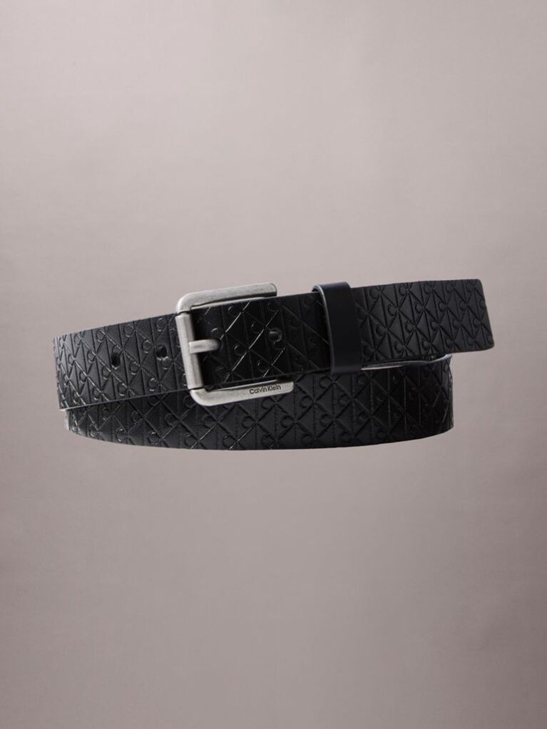 Black Leather Emblem Print Roller Buckle Belt  Men