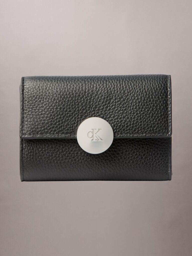 Black Monogram Plaque Leather Trifold Wallet  Women