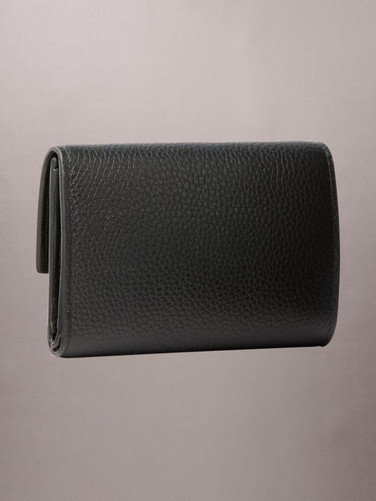 Black Monogram Plaque Leather Trifold Wallet  Women