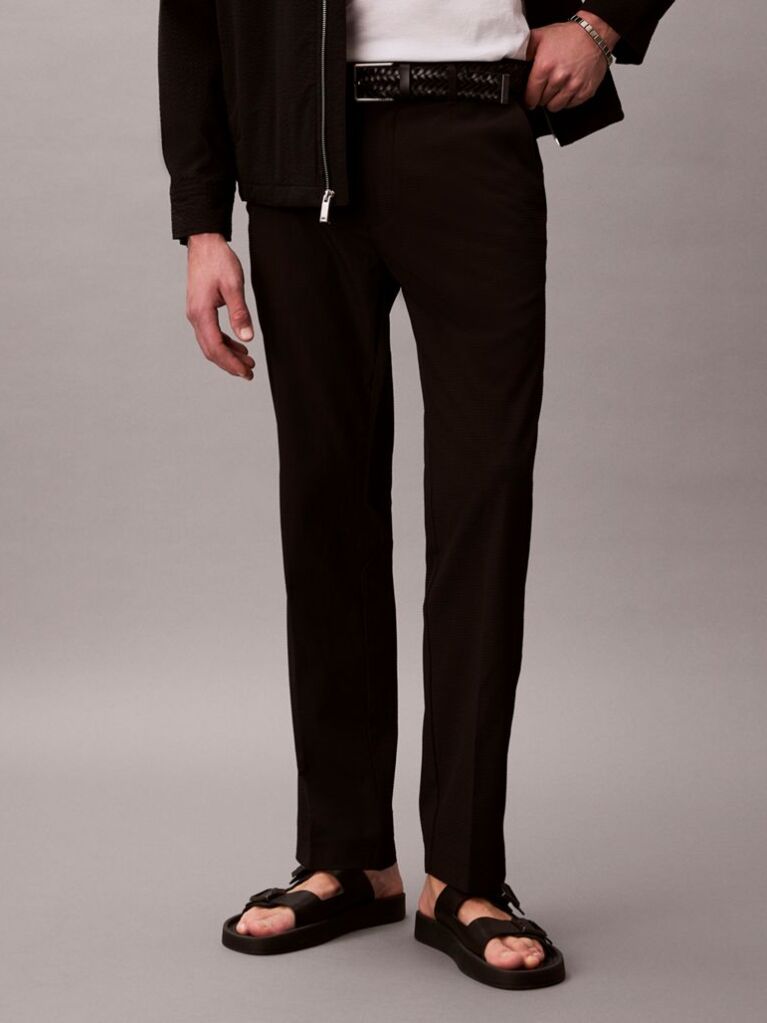 Black Straight Seersucker Trousers  Men