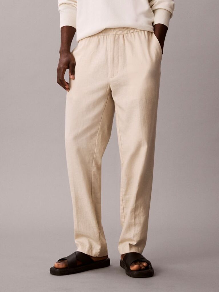 Beige Linen Cotton Drawstring Trousers  Men