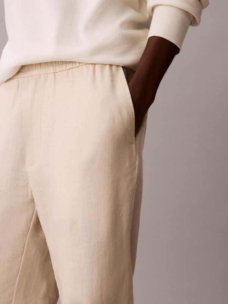 Beige Linen Cotton Drawstring Trousers  Men