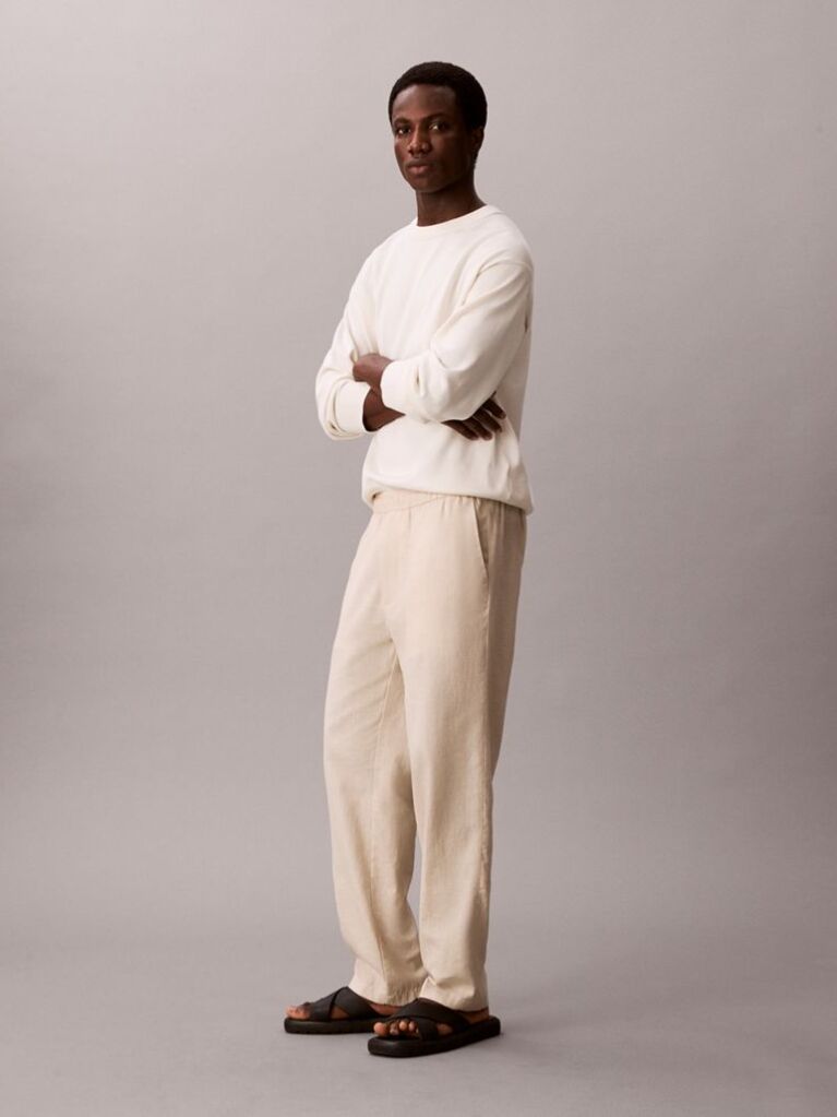 Beige Linen Cotton Drawstring Trousers  Men