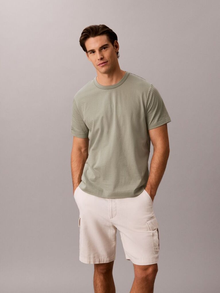 Grey Textured Stripe Crew Neck T-Shirt  Men