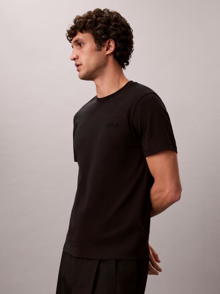 Black Slim Fit Logo Patch Fluid Cotton T-Shirt  Men