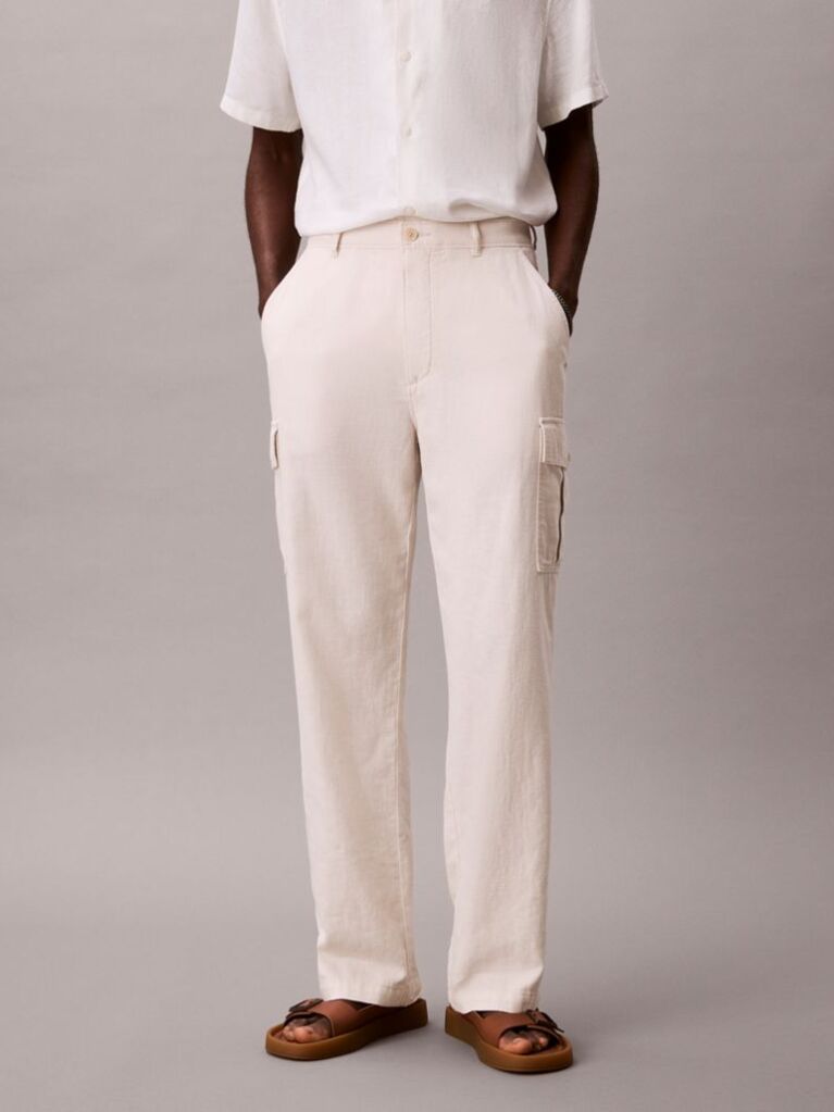 White Relaxed Straight Linen Blend Cargo Pants  Men