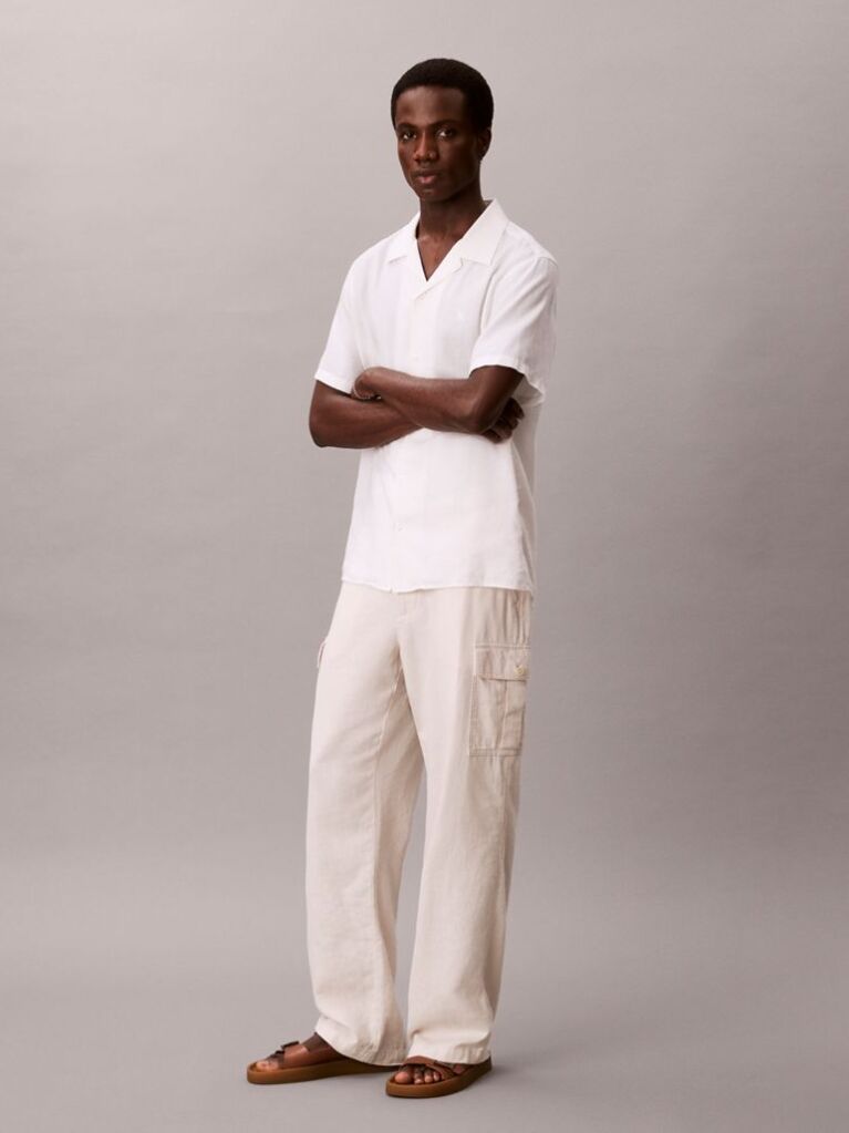 White Relaxed Straight Linen Blend Cargo Pants  Men