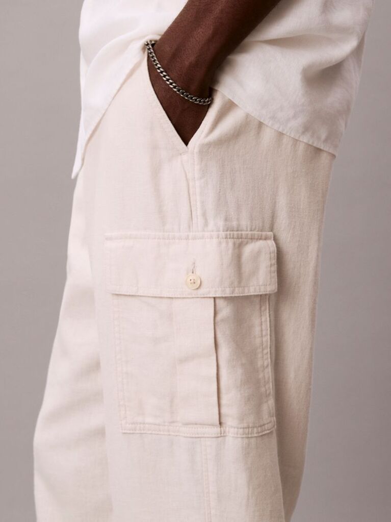 White Relaxed Straight Linen Blend Cargo Pants  Men