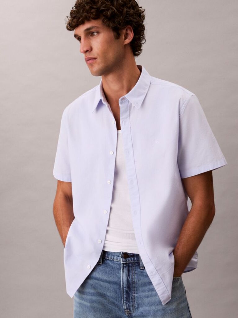 Purple Short Sleeve Oxford Cotton Shirt  Men